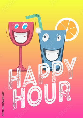 Happy Hour Poster Design With Funny Characters Of Glass Of Cocktail Or A Juice Vector Image