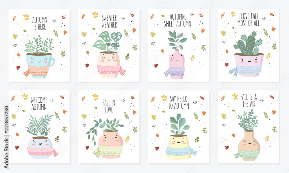 Vector poster collection with cute house plant in flower pot with scarf