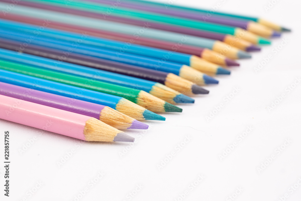 Cool Shades of colored pencils in a group against white background Cool Shades of colored pencils in a group against white background