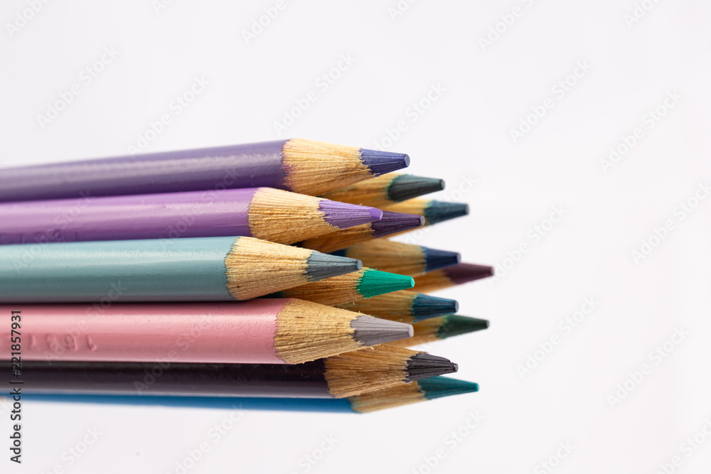 Cool shades of colored pencils in a bunch on white background Cool shades of colored pencils in a bunch on white background