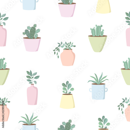 Vector seamless pattern with cute house plants in flower pots