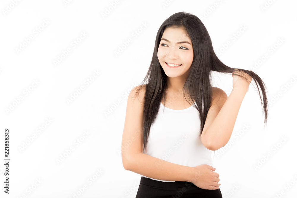 Beautiful Attractive Asian woman smile and touching smooth hair feeling so happiness and cheerful with healthy skin,Isolated on white background,Beauty Haircare Concept Beautiful Attractive Asian woman smile and touching smooth hair feeling so happiness and cheerful with healthy skin,Isolated on white background,Beauty Haircare Concept