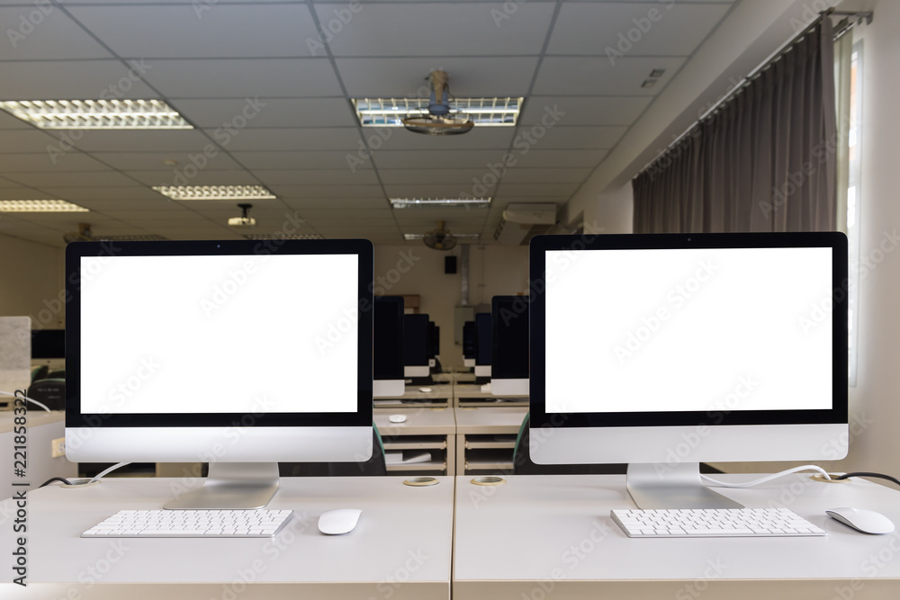 All in one computer class room with 2 blank screen display All in one computer class room with 2 blank screen display