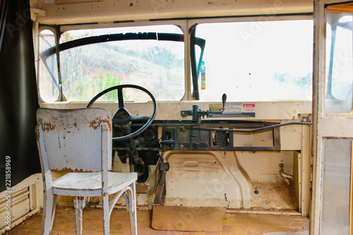 NOVA LIMA, BRAZIL - AUGUST 25, 2018: scrap from an old school bus used for decoration in Itabirito, Ouro Preto, Minas Gerais, Brasil on 28 August 2018.