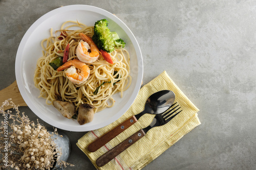 top view of spaghetti on table