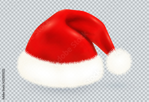 Red Santa Claus vector winter hat with white fur isolated on transparency grid background