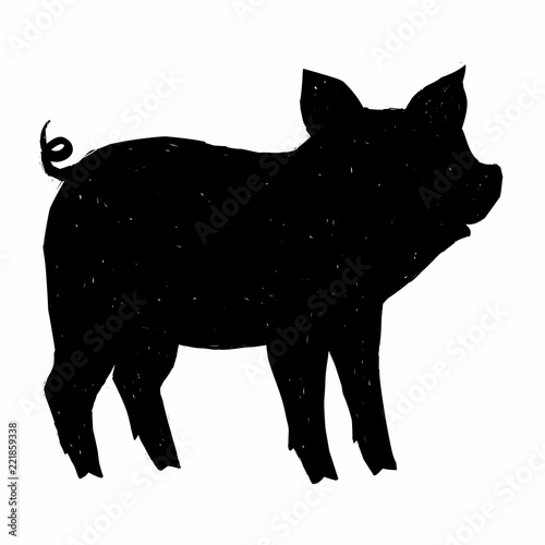 Black hand drawn cute pig grunge style vector black ink silhouette isolated on white