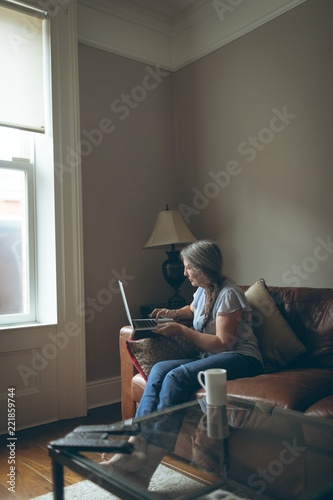 Senior woman using laptop in living room photo