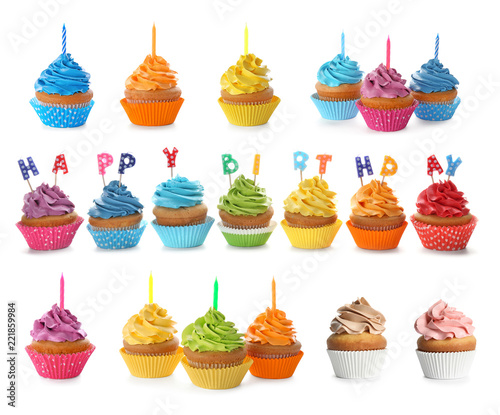 Set with birthday cupcakes and candles on white background