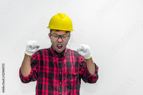 Technician wear helmet isolate on white background,Thailand people,Labor day concept,Happy man concept