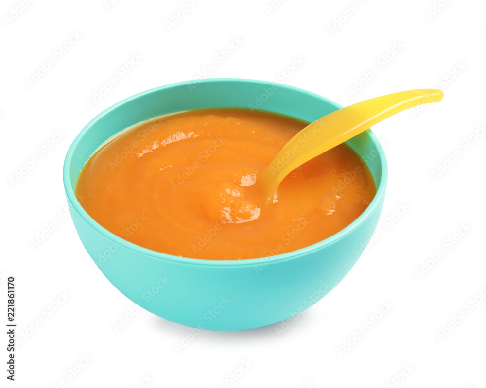 Bowl of healthy baby food on white background Bowl of healthy baby food on white background