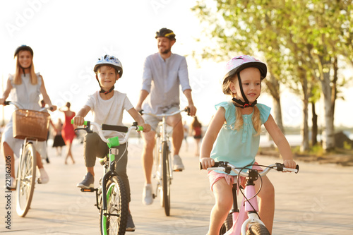 Happy family riding bicycles outdoors on summer day