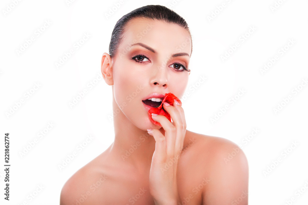 Portrait of young beautiful woman with red flower over white background. Portrait of young beautiful woman with red flower over white background.
