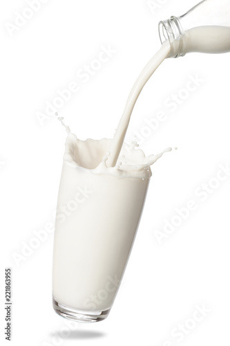Pouring milk from bottle into glass with splashing isolated on white background.