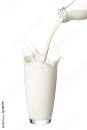 Pouring milk from bottle into glass with splashing isolated on white background.
