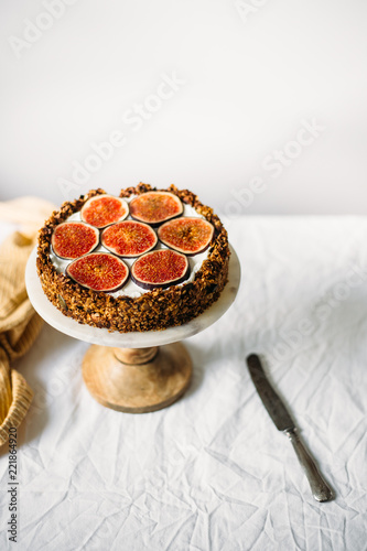 Gluten free Figs tart with granola and Turkish yoghurt. Healty morning food concept