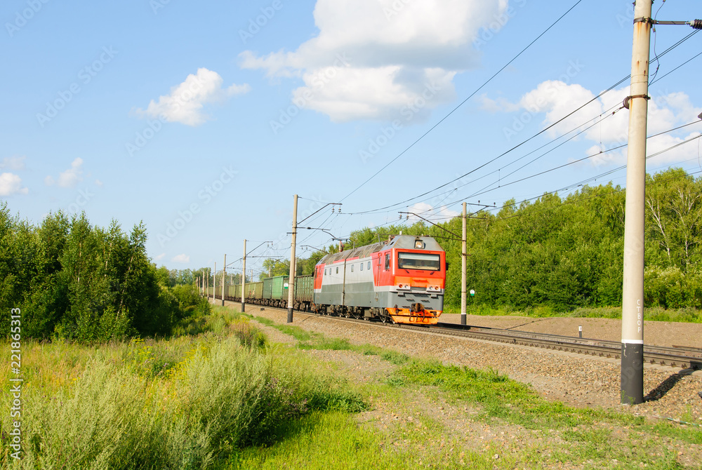 Naklejka premium Freight train in countryside at summer day