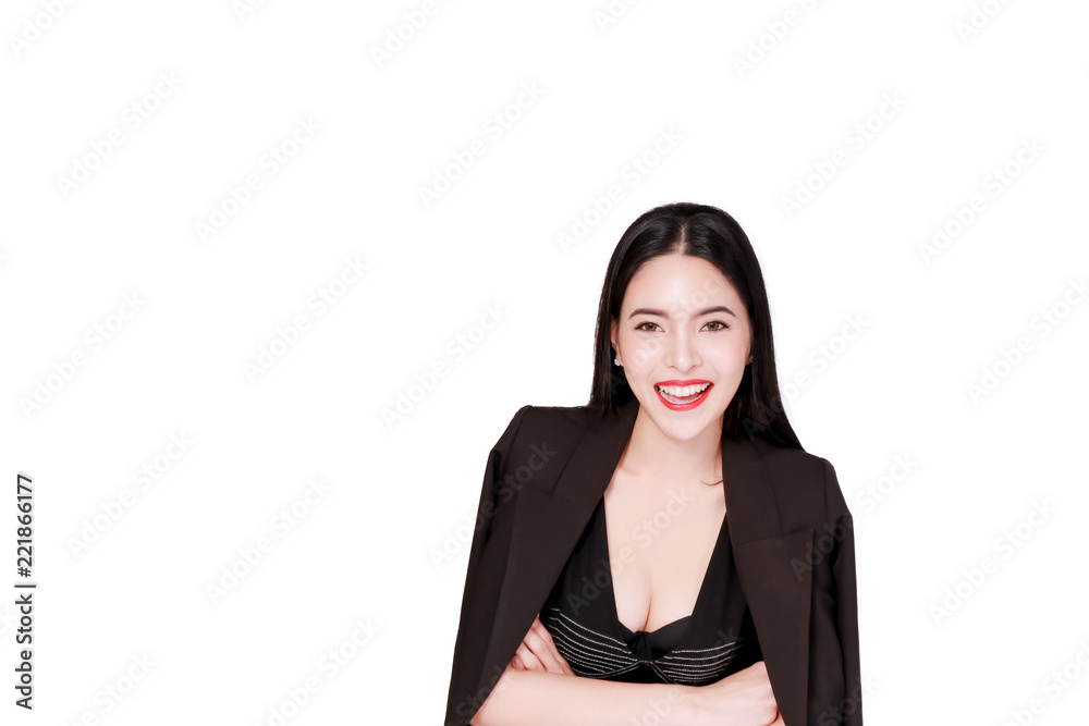 Elegant and modern Asian happy smiling business woman in style isolated over white background. Elegant and modern Asian happy smiling business woman in style isolated over white background.