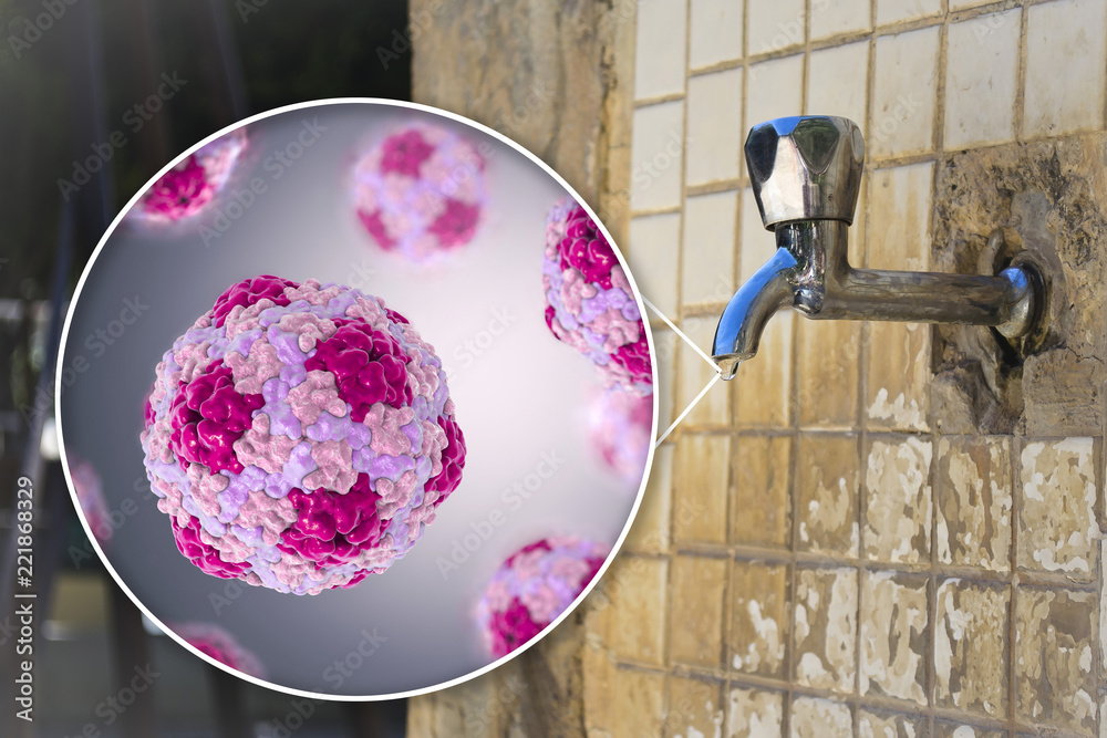 Safety of drinking water concept, 3D illustration showing Hepatitis A