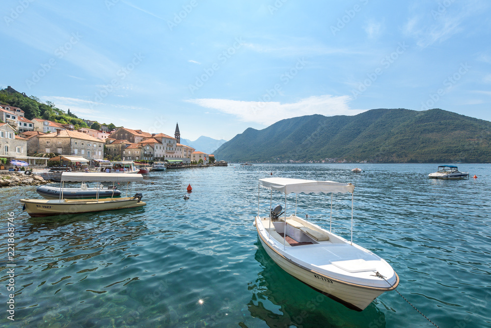 Cityscape of Perast in the Kotor Bay, Montenegro on a sunny day 