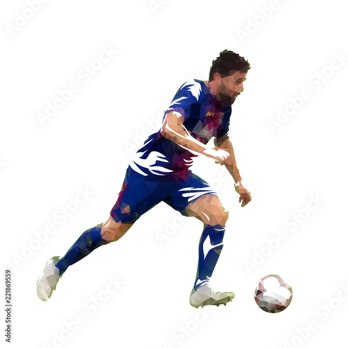 Soccer player running with ball, polygonal vector illustration. Side view. Footballer © michalsanca