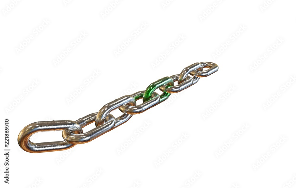 Obraz premium Silver metal chain with green link 3D rendering