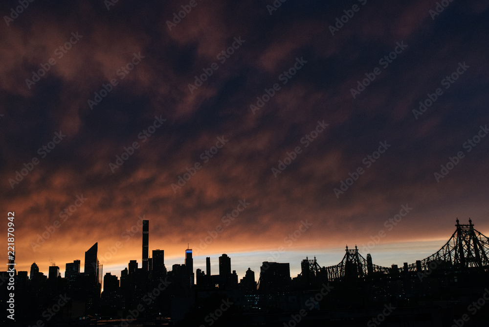 Skyline silhouette New York City Manhattan sunset golden hour USA