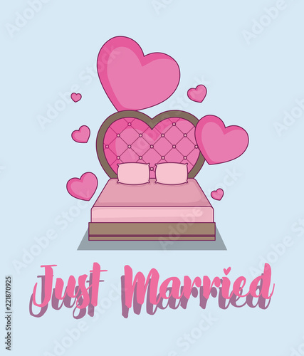 wedding card with just married bed