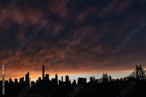 Skyline silhouette New York City Manhattan sunset golden hour USA