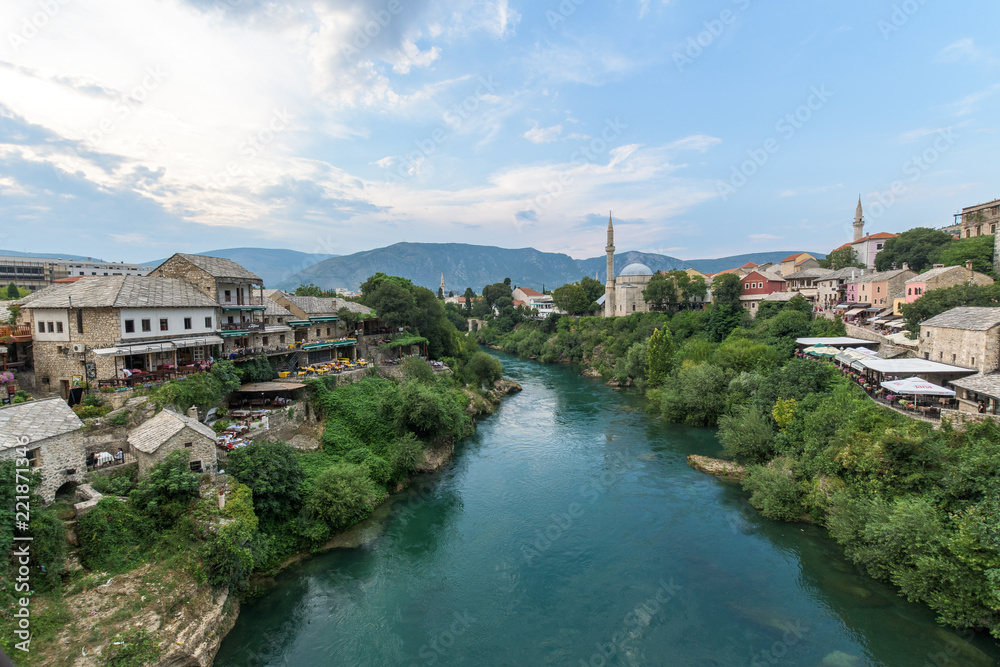 Mostar seen from Stari Most Bosnia and Herzegovina, The Old Bridge in Mostar with emerald river Neretva.