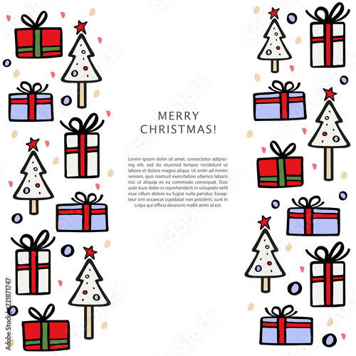 Christmas banner template with christmas tree and gifts around. Hand drawn vector illustration.