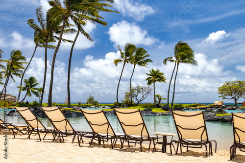 Tropical island paradise scene with row of chairs along a sandy beach with palm trees and ocean view