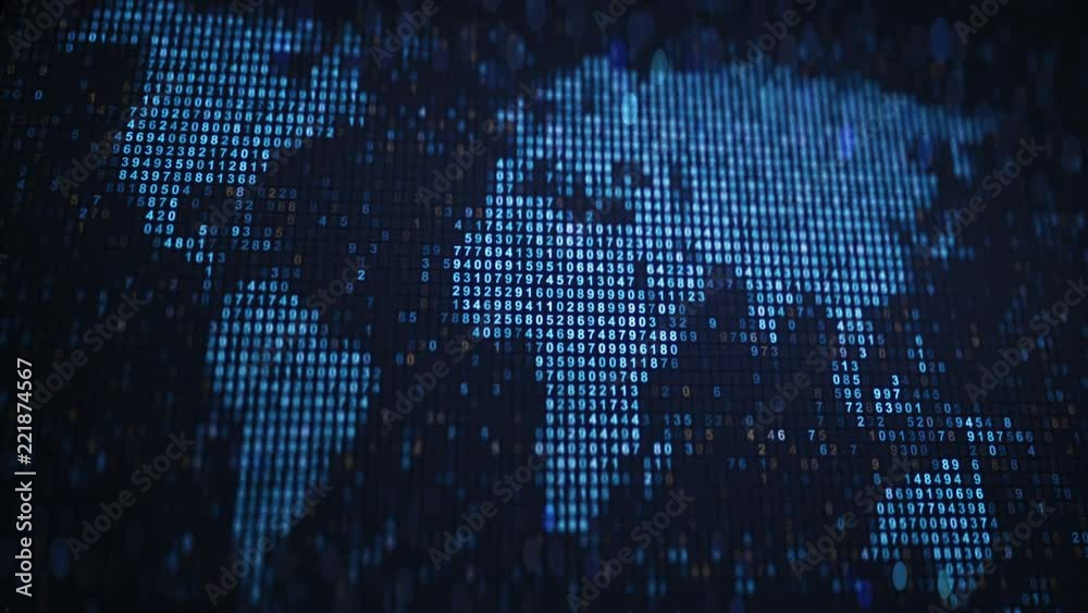 World map of glowing blue numbers. Futuristic information technology concept. Computer generated seamless loop 3D render animation 4k 4096x2304
