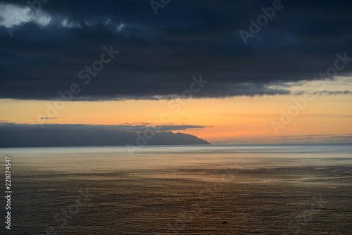 Sunset in the clouds over Gomera Island  Tenerife  Canary  Spain.