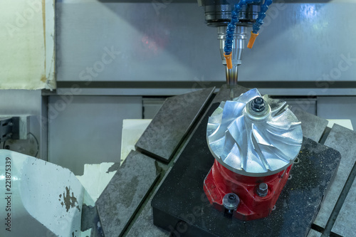 Five axis CNC machining center cutting jet engine turbine.