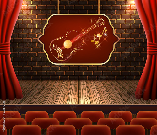 Scene with open curtains and golden guitar on signboard against decorative brick vintage wall with light from floodlights