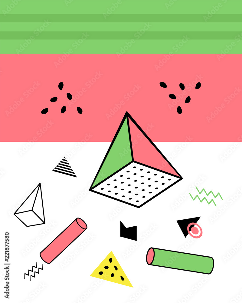 Geometric elements in the Memphis style, colorful geometric chaos. Retro 80s style. Vector illustration.