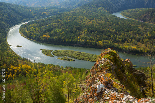 Autumn river landscape top view Mansky loop Krasnoyarsk, Russia.
