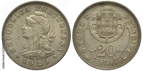 Portugal Portuguese Sao Tome and Principe coin 20 twenty centavo 1929, female head in liberty cap decorated by laurel sprig, coat of arms, shield in front of stylized globe, colonial time, photo