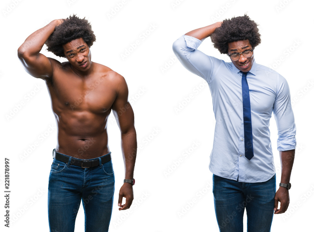 Collage of african american shirtless and business man over isolated background confuse and wonder about question. Uncertain with doubt, thinking with hand on head. Pensive concept. Collage of african american shirtless and business man over isolated background confuse and wonder about question. Uncertain with doubt, thinking with hand on head. Pensive concept.