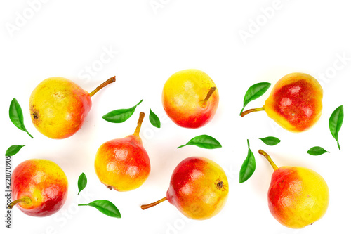 Fototapeta Naklejka Na Ścianę i Meble -  ripe red yellow pear fruits isolated on white background with copy space for your text. Top view. Flat lay pattern