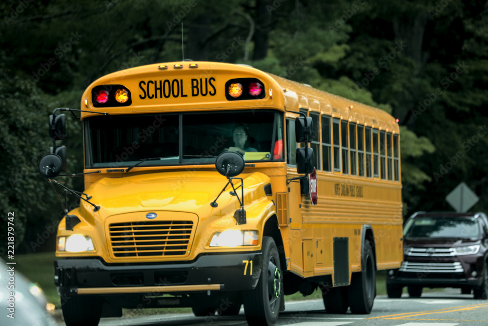 Chapel Hill, NC,USA-September 08,2018: Frontal view of yellow school bus Chapel Hill, NC,USA-September 08,2018: Frontal view of yellow school bus