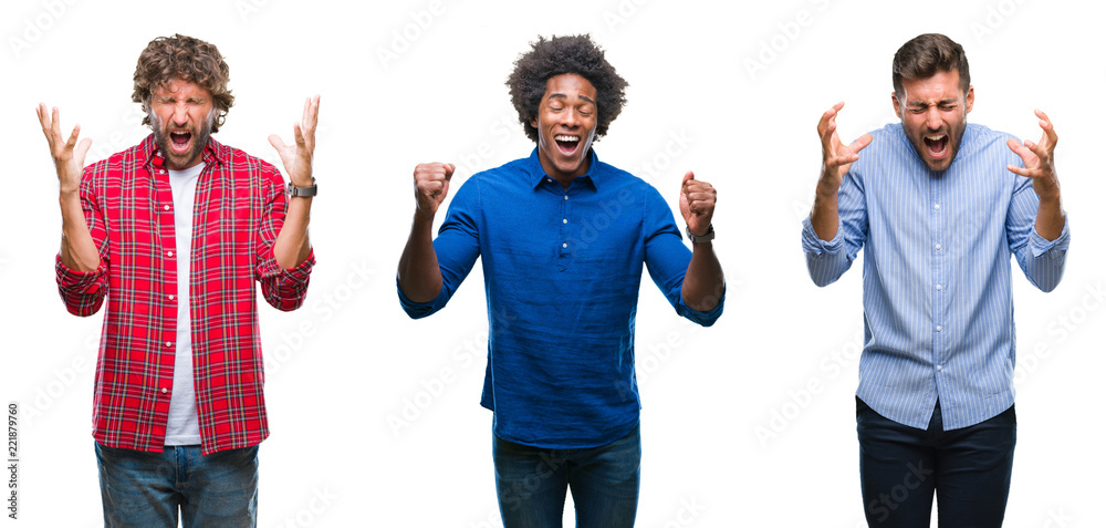 Collage of group of african american and hispanic men over isolated background celebrating mad and crazy for success with arms raised and closed eyes screaming excited. Winner concept Collage of group of african american and hispanic men over isolated background celebrating mad and crazy for success with arms raised and closed eyes screaming excited. Winner concept