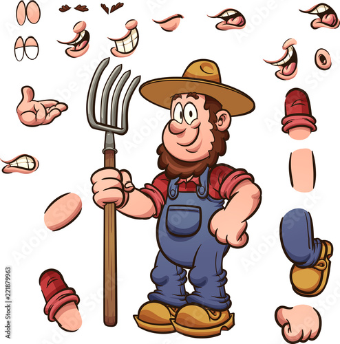 Cartoon farmer with different expressions holding a pitchfork. Vector clip art illustration with simple gradients. Some elements on separate layers. 