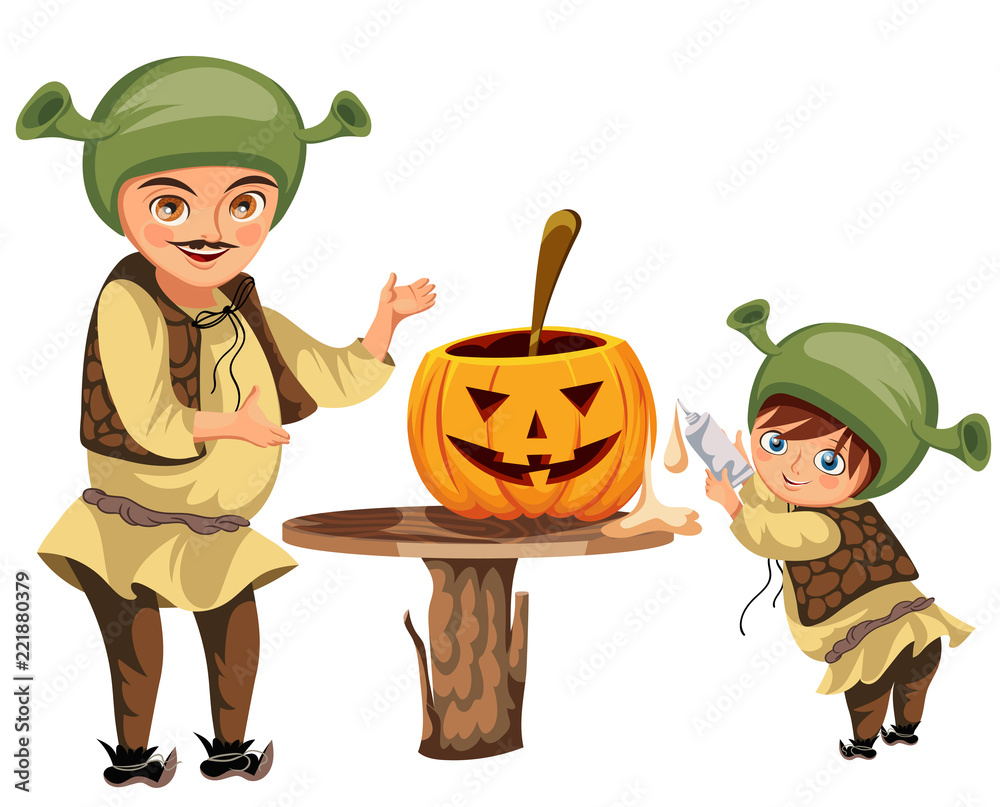 Fotografie, Obraz Dad with son making Halloween pumpkin poster