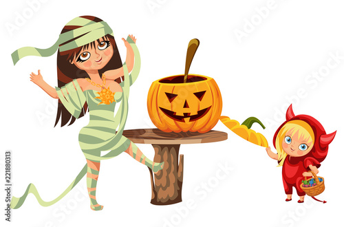 Cartoon mom and kid carving Hallows pumpkin poster
