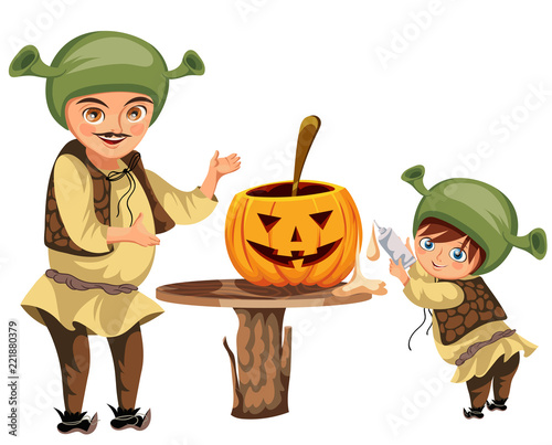 Obraz na płótnie Dad with son making Halloween pumpkin poster