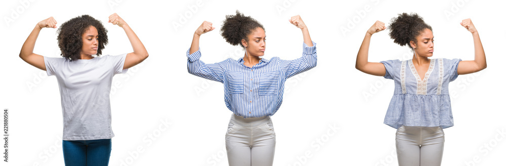 Collage of african american woman over isolated background showing arms muscles smiling proud. Fitness concept. Collage of african american woman over isolated background showing arms muscles smiling proud. Fitness concept.