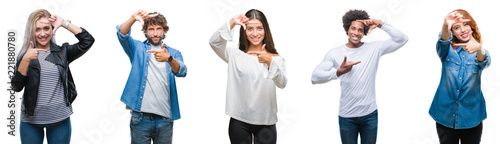 Collage of group of arab, indian, african american people over isolated background smiling making frame with hands and fingers with happy face. Creativity and photography concept.