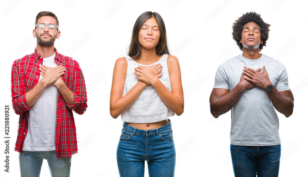 Collage of group of Chinese, african american, hispanic people over isolated background smiling with hands on chest with closed eyes and grateful gesture on face. Health concept.